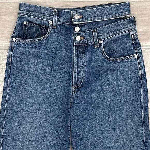 Agolde High Rise Broken Waistband Asymmetrical Jean in Intrigue Blue Denim Sz 28 - Picture 6 of 15